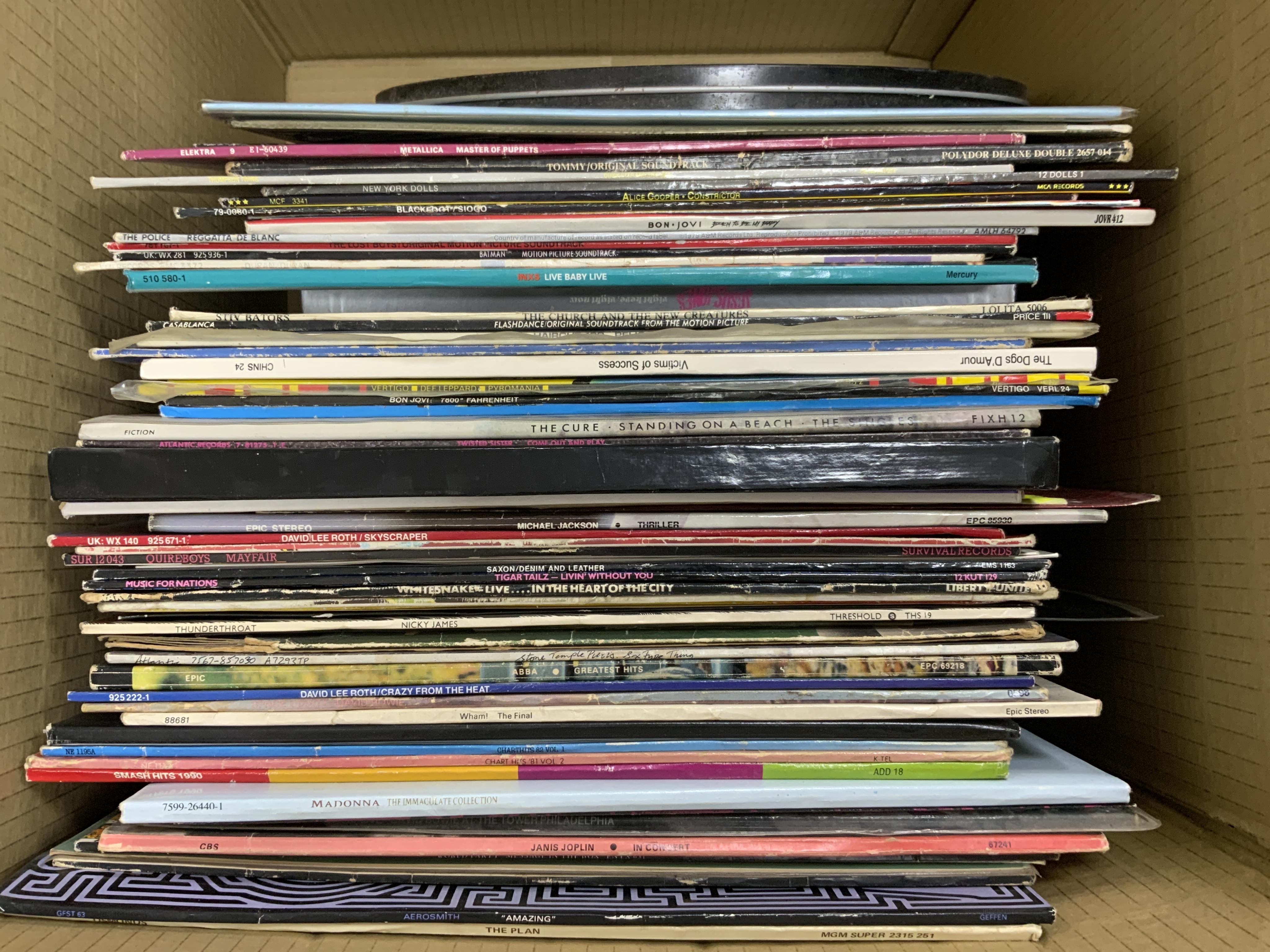 Sixty LP record albums, 12” singles, compilations, etc., artists including; ABBA, David Lee Roth, Michael Jackson, The Cure, Janis Joplin, David Bowie, Bon Jovi, The Who, Metallica, Def Leppard, Aerosmith, Whitesnake, et